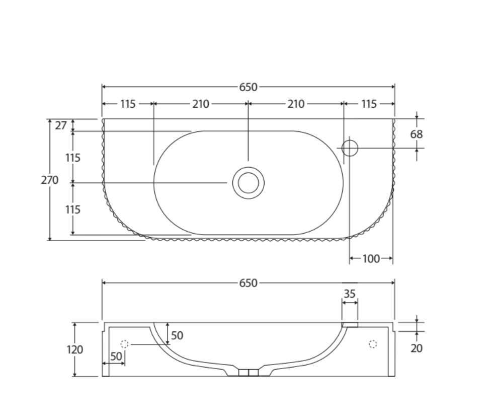 Fienza CSB310 Minka Solid Surface Wall Basin, No Tap Hole
