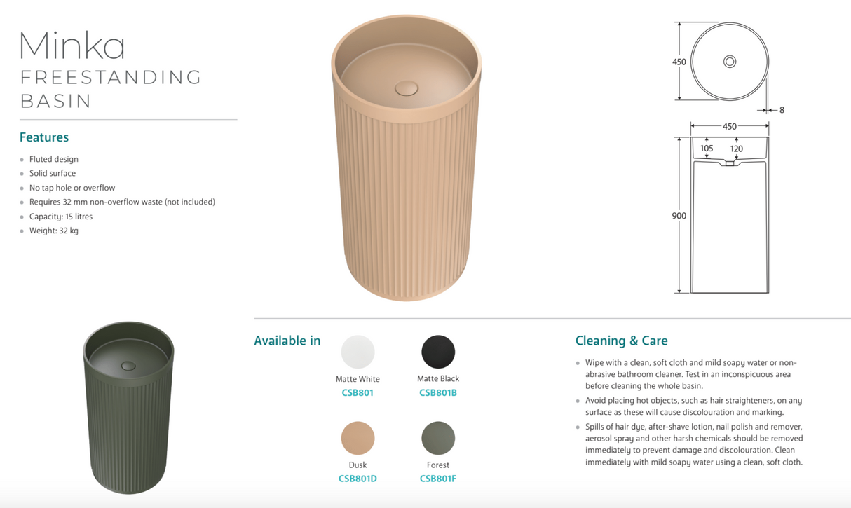 Fienza CSB801B Minka Solid Surface Freestanding Basin, Matte Black