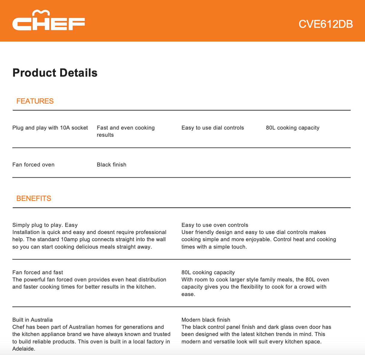 Chef CVE612DB 60cm Dark Stainless Steel Electric Oven - Chef Factory Seconds