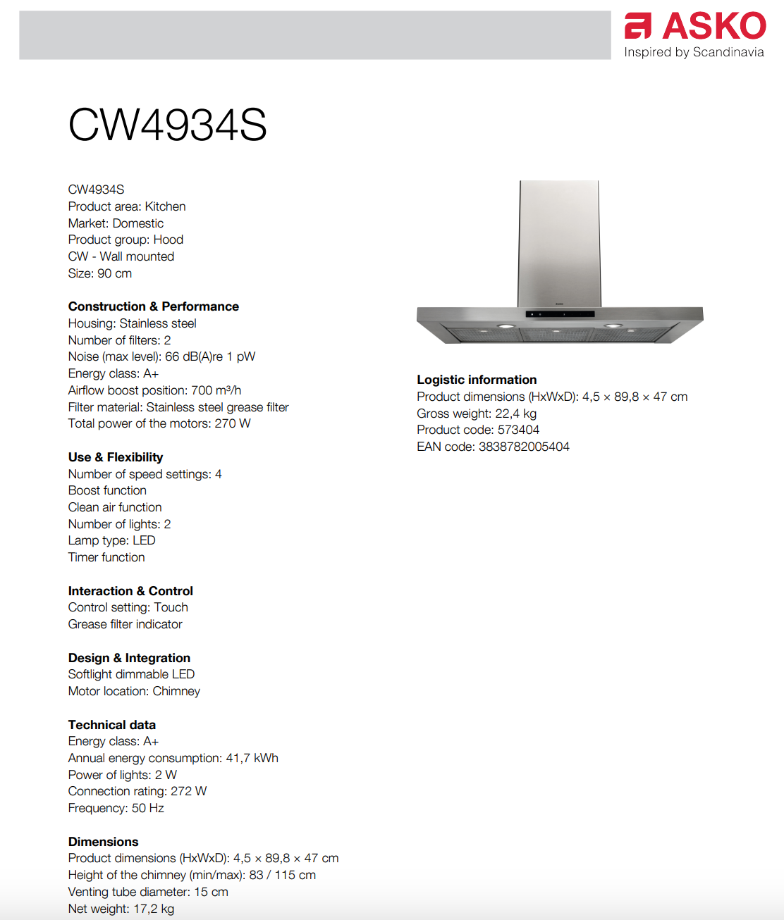ASKO 90cm Stainless Steel Canopy Rangehood CW4934S