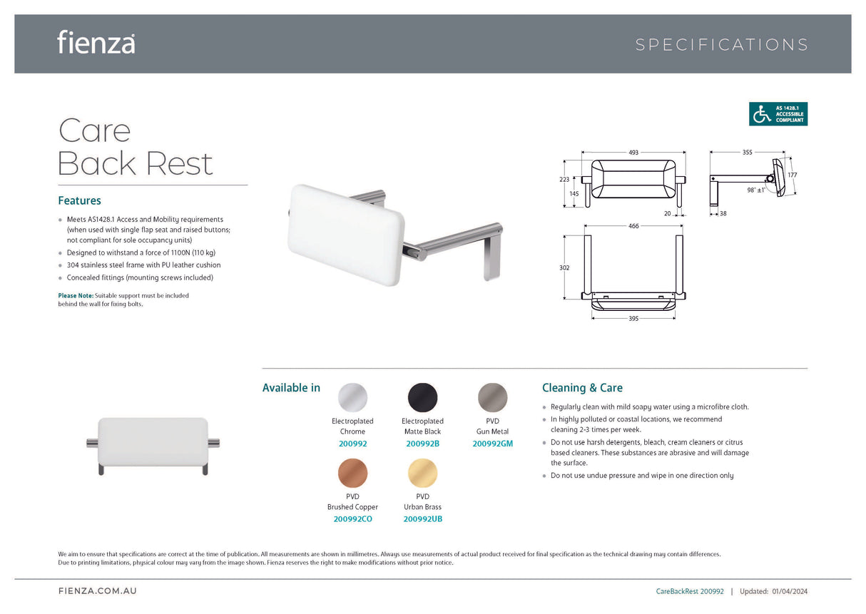 Fienza 200992BN Care Back Rest, Brushed Nickel