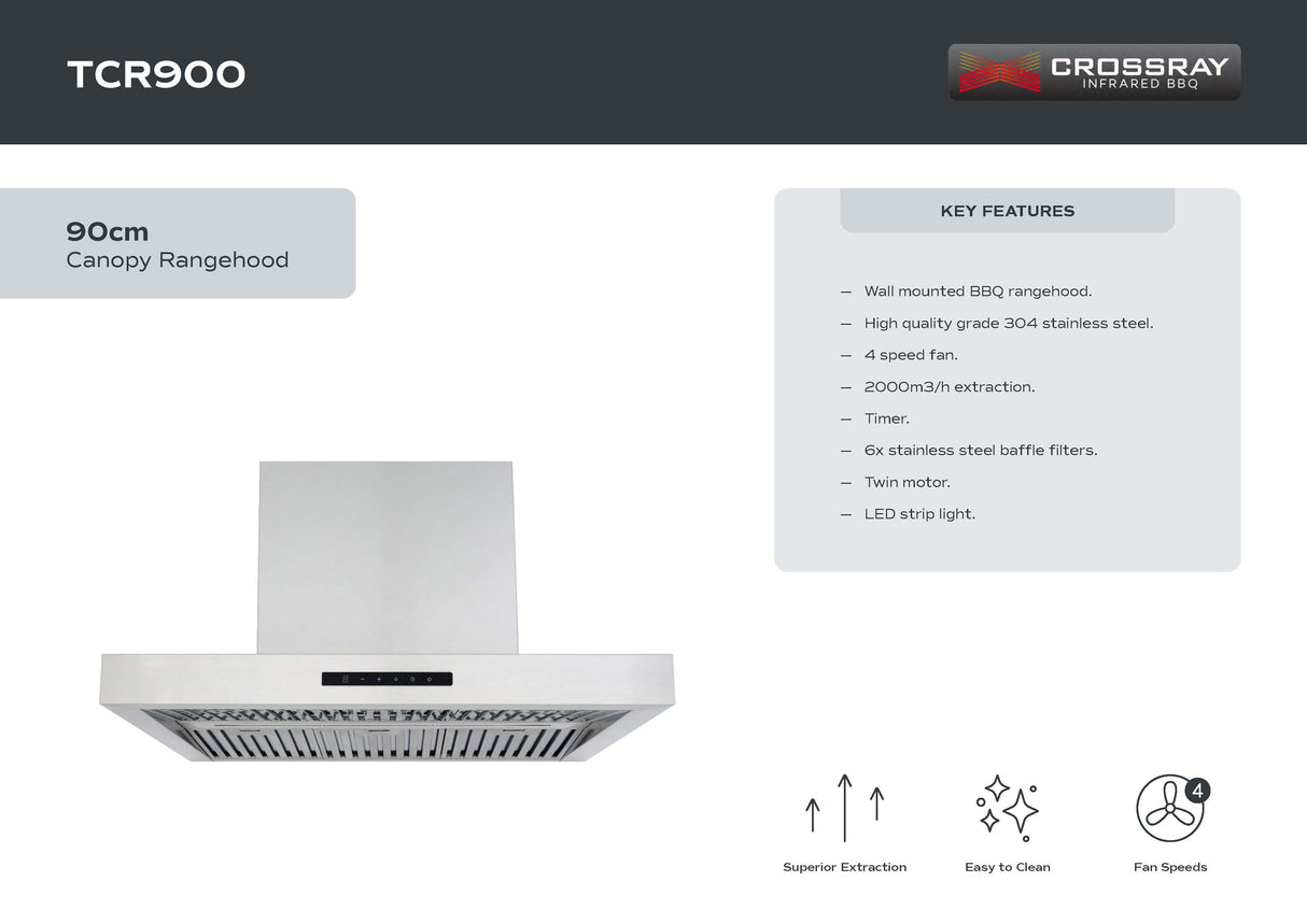 CROSSRAY TCR900 90cm BBQ Canopy Rangehood, Stainless Steel