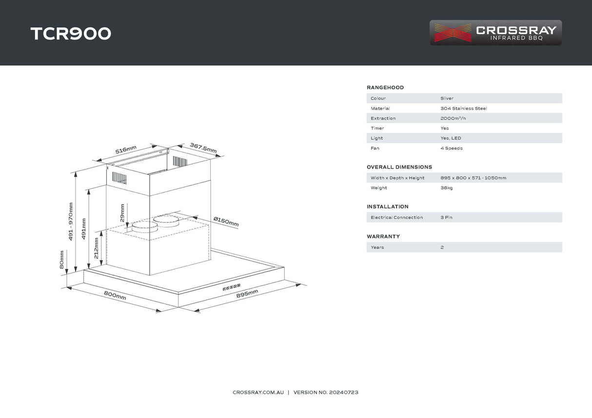 CROSSRAY TCR900 90cm BBQ Canopy Rangehood, Stainless Steel