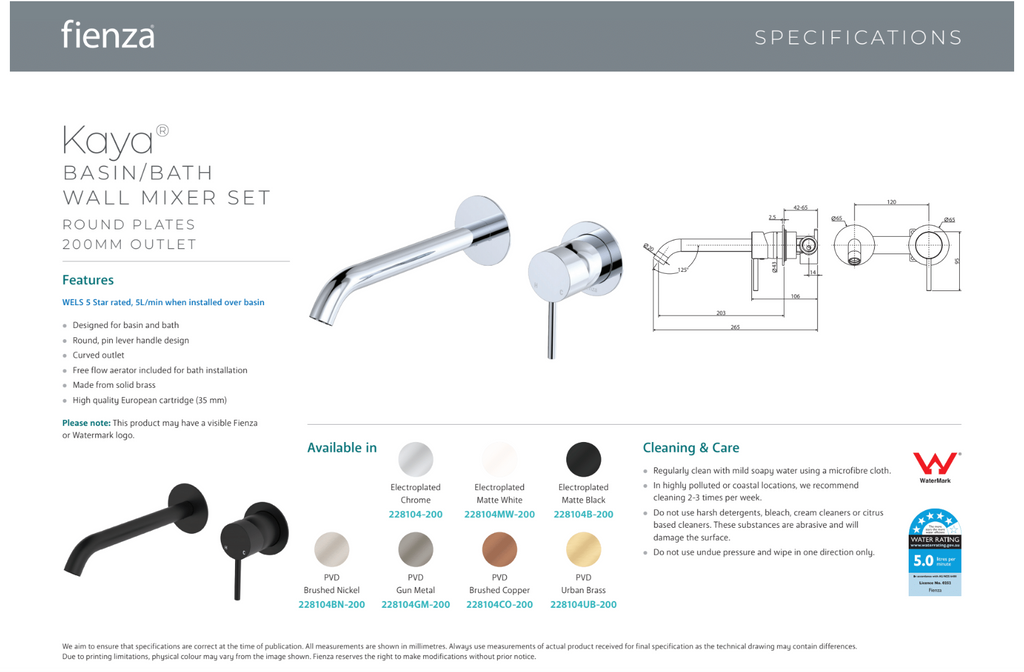 Fienza Kaya D228104GM200 Basin/Bath Wall Mixer 200mm Dress Kit Round