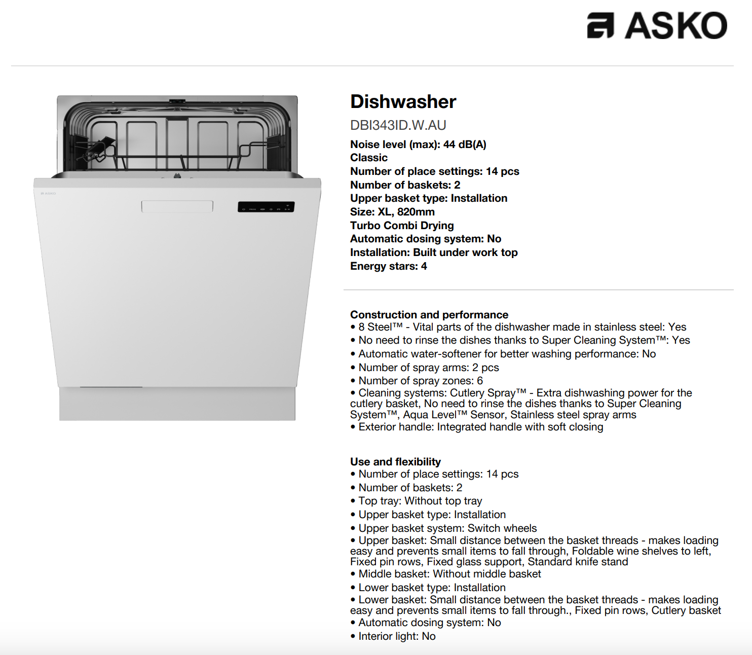 ASKO 60cm Classic Built-In Dishwasher White, DBI343IDWAU - ASKO Seconds Discount