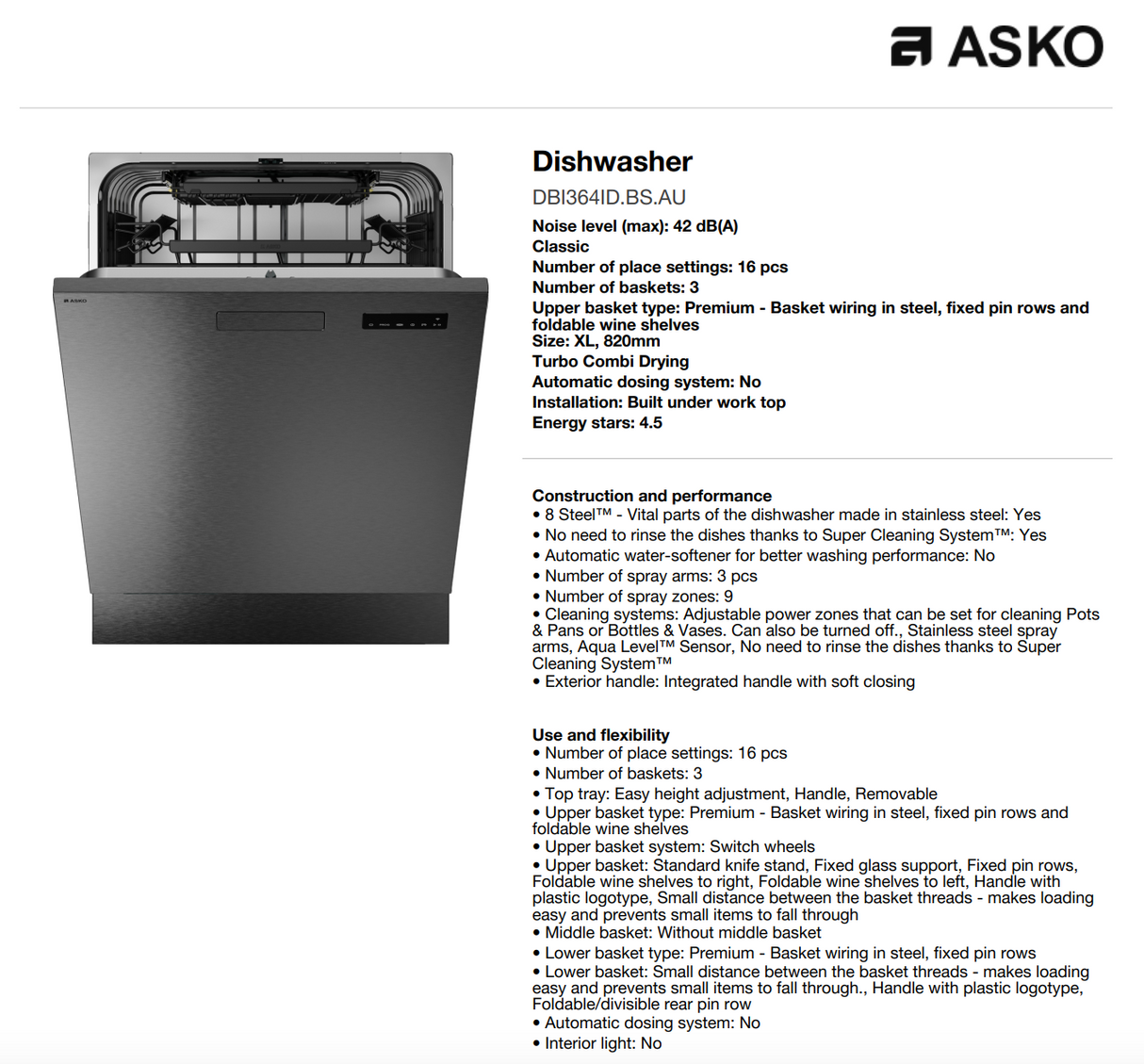 ASKO 60cm Classic Built-In Dishwasher Black Steel, DBI364IDBSAU - ASKO Seconds Discount