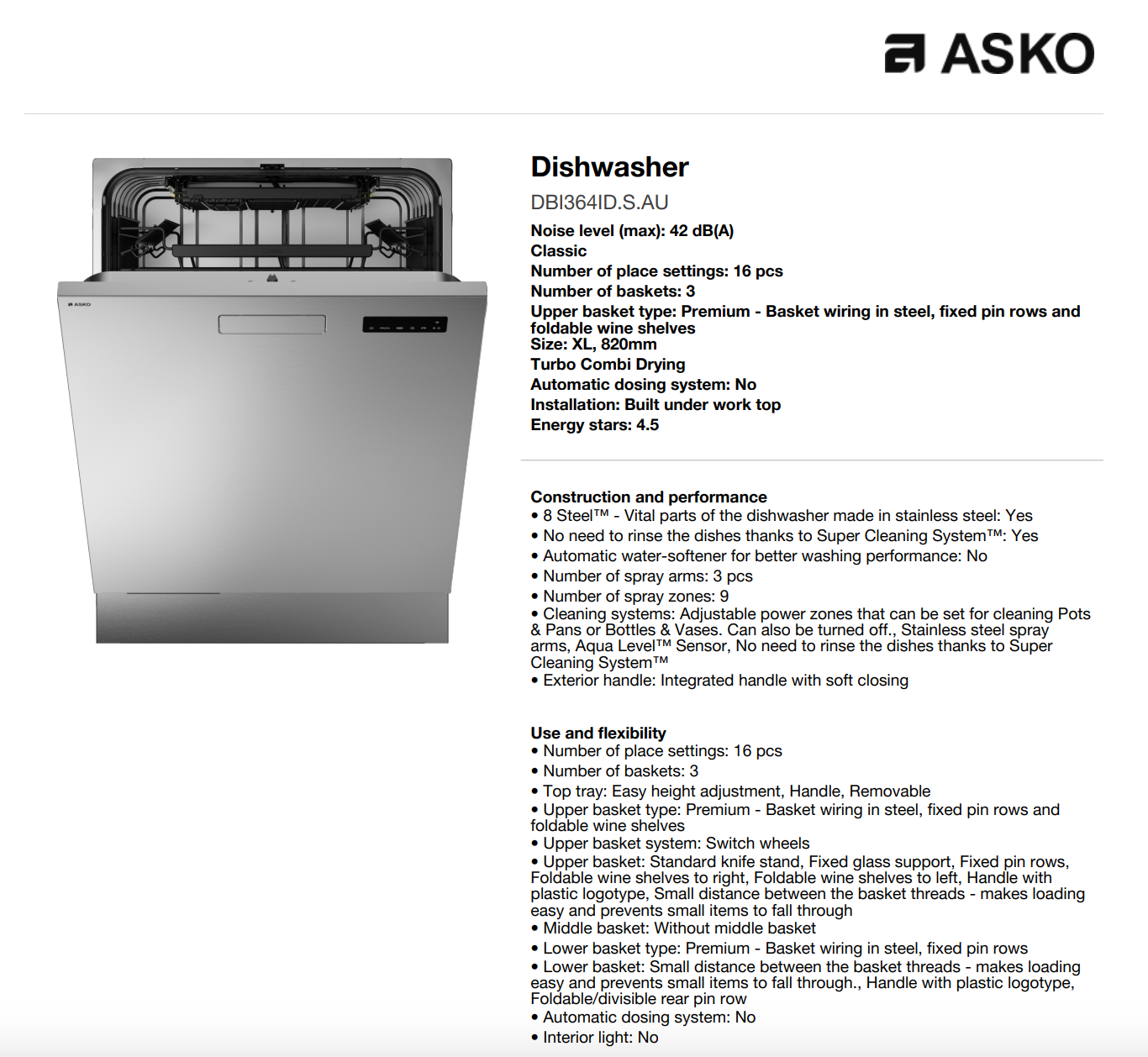 ASKO 60cm Classic Built Under Dishwasher Stainless Steel, DBI364IDSAU - ASKO Seconds Discount