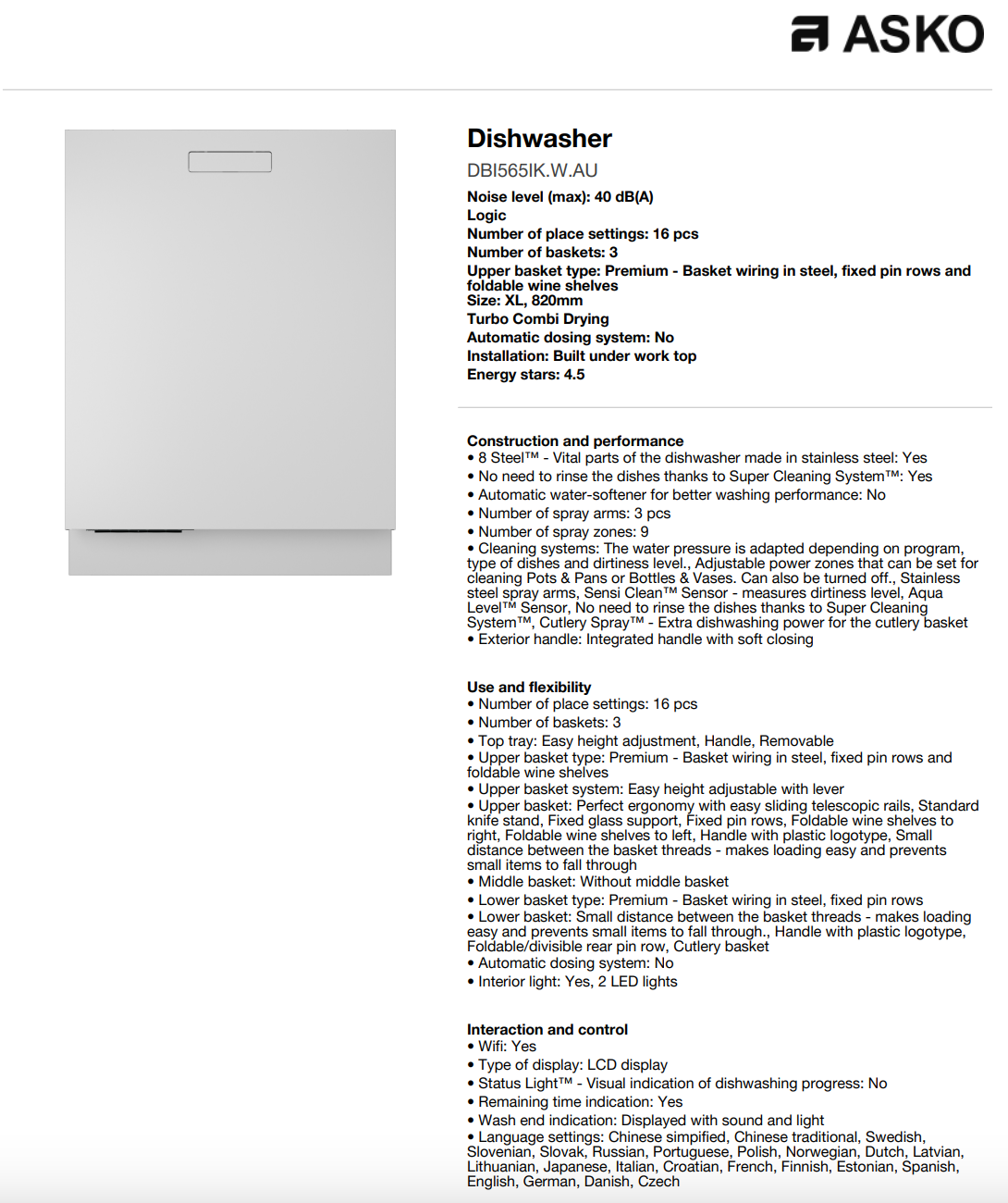 ASKO 60cm Logic Built-In Dishwasher White DBI565IKWAU - ASKO Seconds Discount