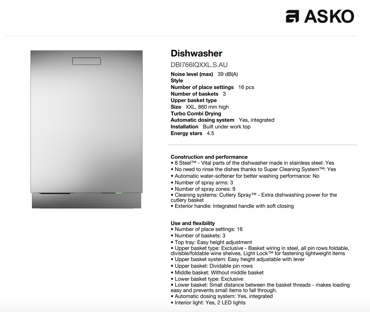 ASKO 60cm Style Built-In Dishwasher Stainless Steel DBI766IQXXLSAU - ASKO Seconds Discount