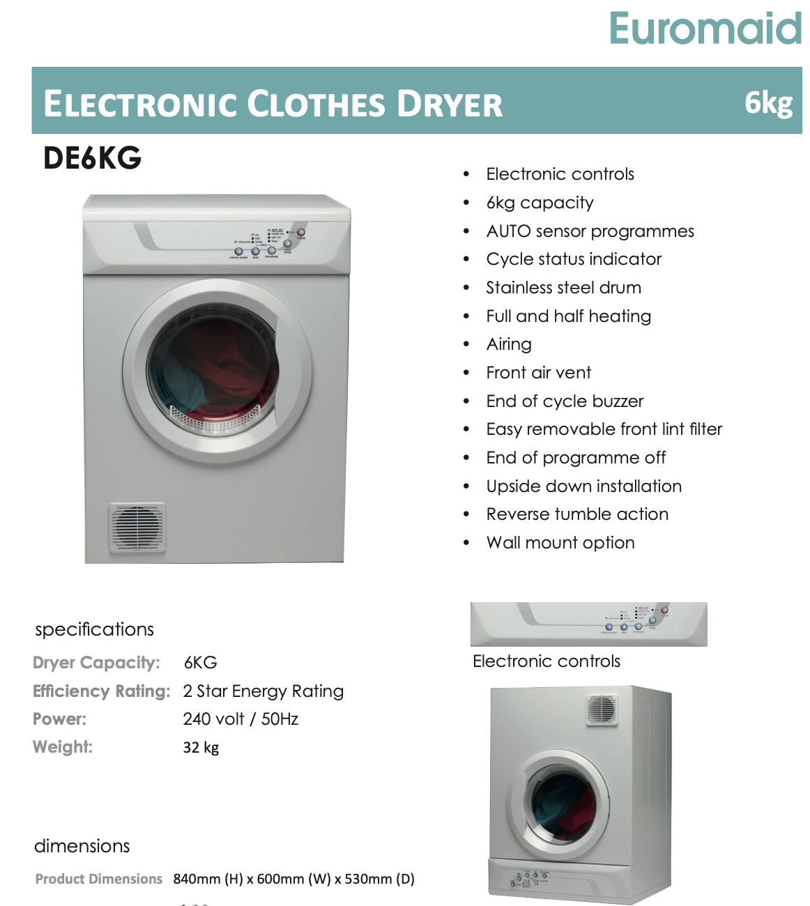 Euromaid DE6KG 6kg Sensor Vented Dryer - Clearance Discount