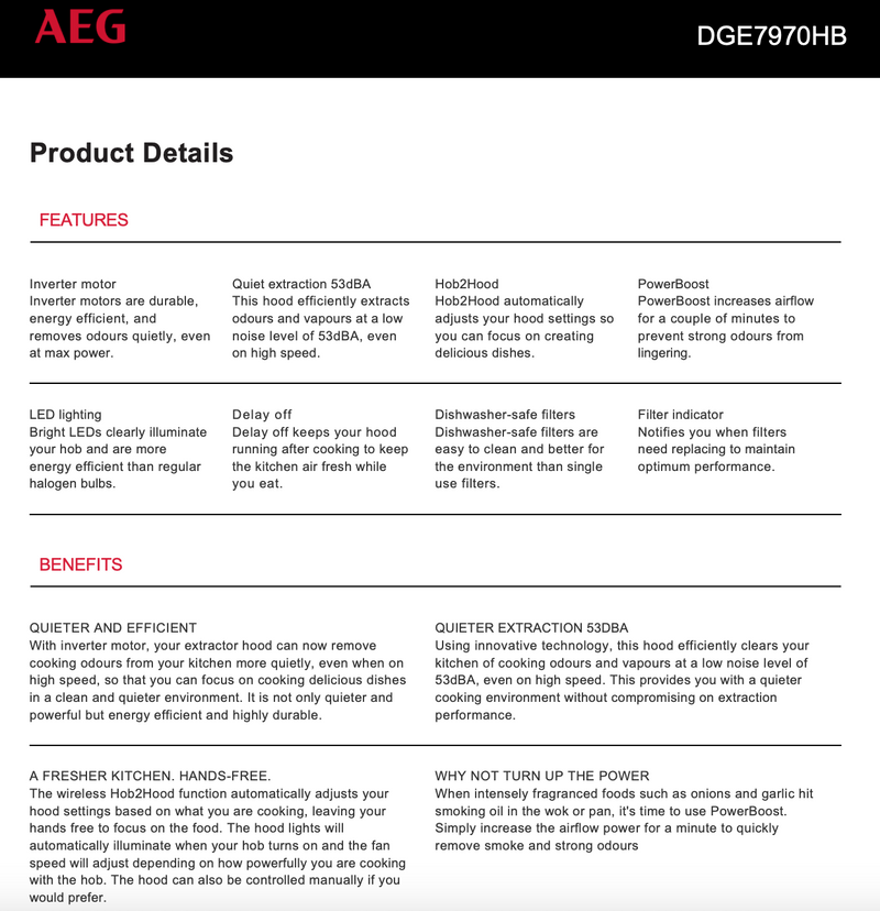 AEG DGE7970HB 86cm Integrated Rangehood - New in Box Packaging Defect Discount