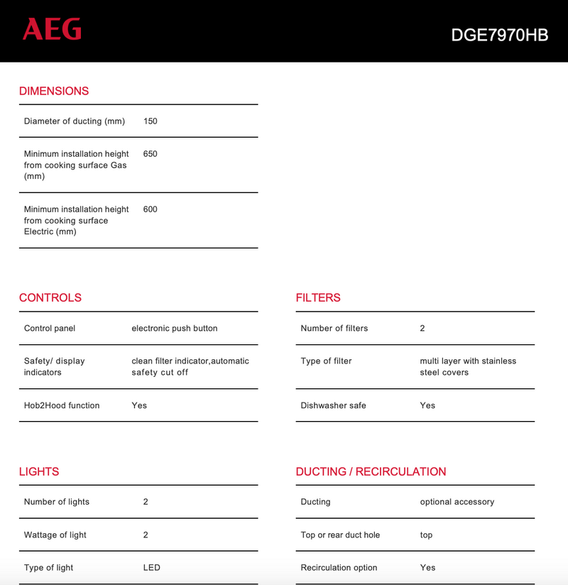 AEG DGE7970HB 86cm Integrated Rangehood - New in Box Packaging Defect Discount