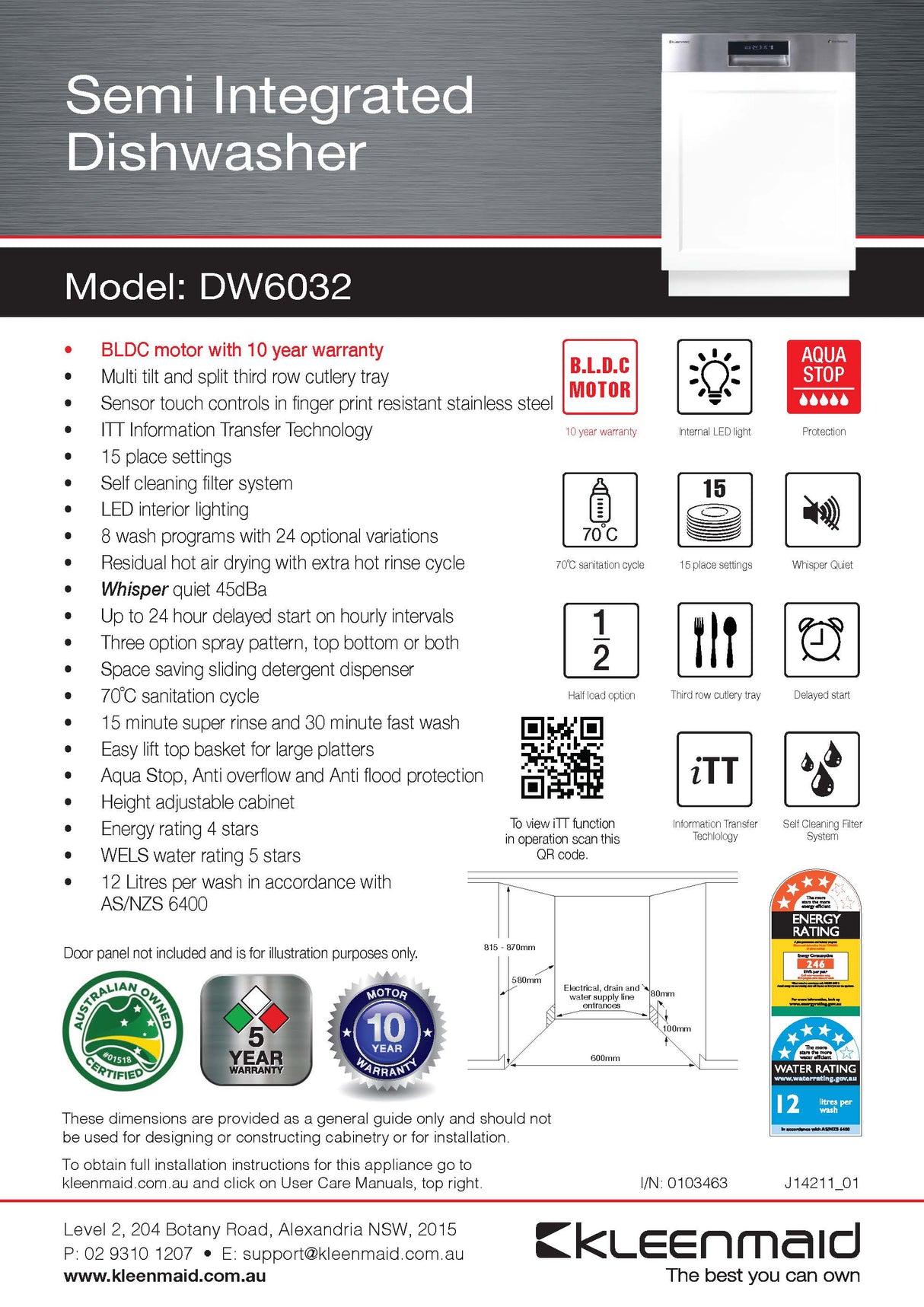 Kleenmaid DW6032 60cm Semi Integrated Dishwasher