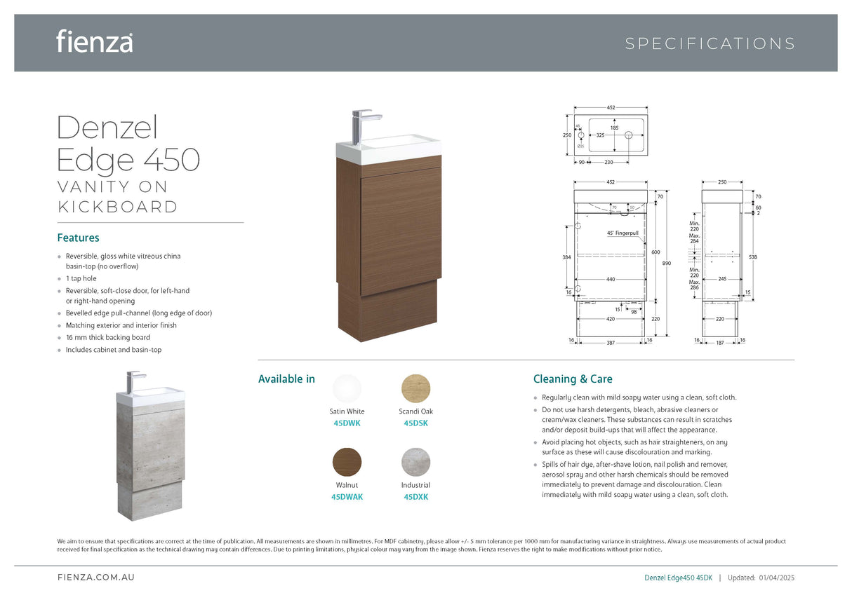 Fienza 45DSK Denzel Edge 450 Ensuite Vanity on Kickboard, Scandi Oak
