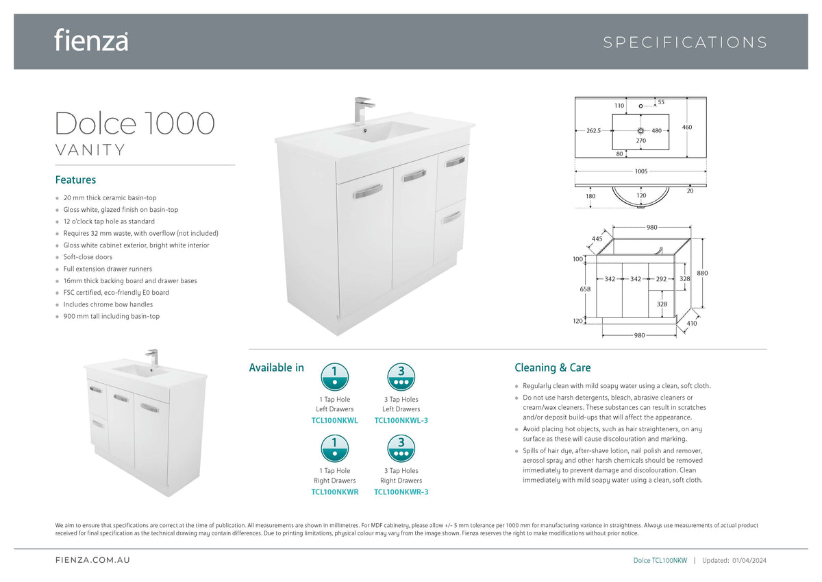 Fienza TCL100NKWR 1000mm Dolce Amato On Kickboard Vanity, Right Drawers, 1 Taphole, Gloss White