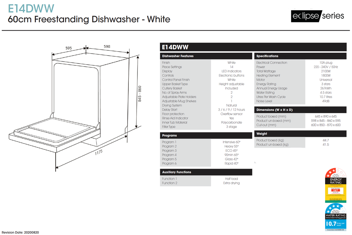Euromaid White 60cm White Dishwasher - Ex Display Discount