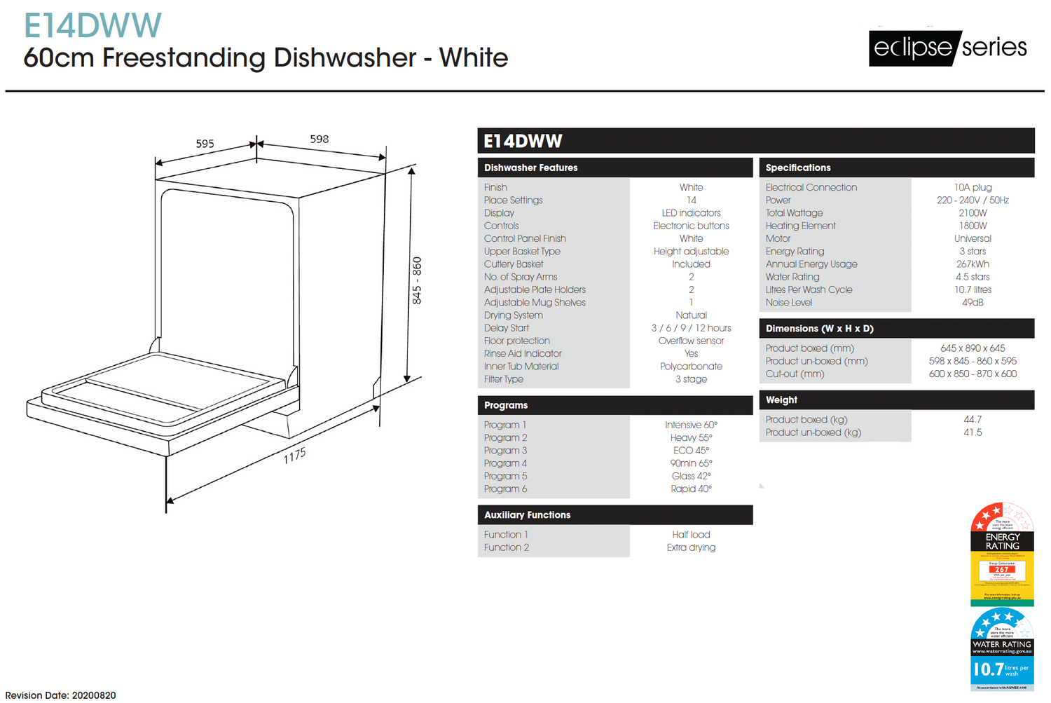 Euromaid White 60cm White Dishwasher - Ex Display Discount