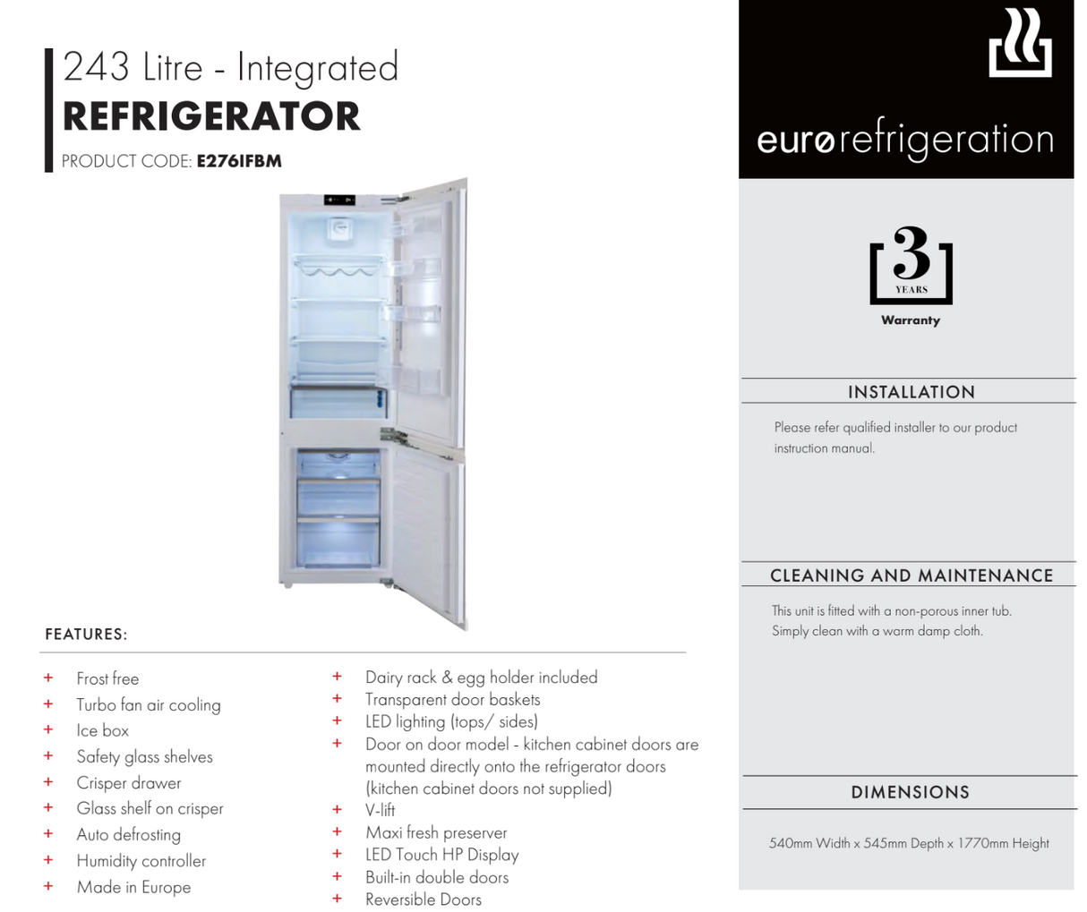 Euro Appliances E276IFBM Integrated Fridge, 243L, European Made - Special Order