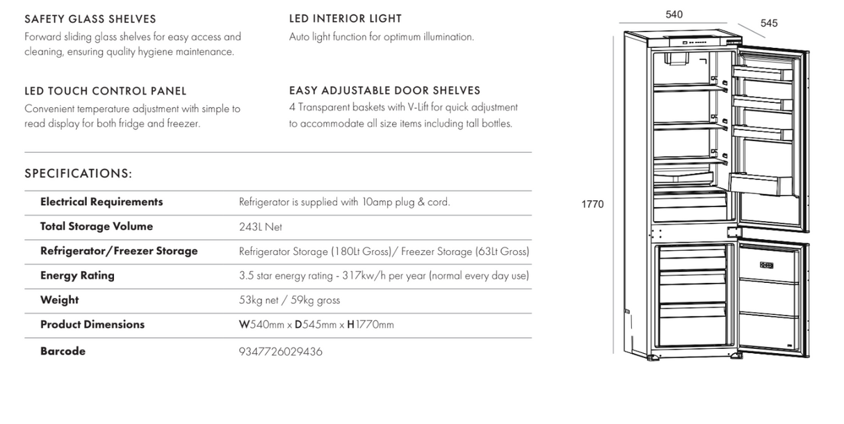 Euro Appliances E276IFBM Integrated Fridge, 243L, European Made - Special Order