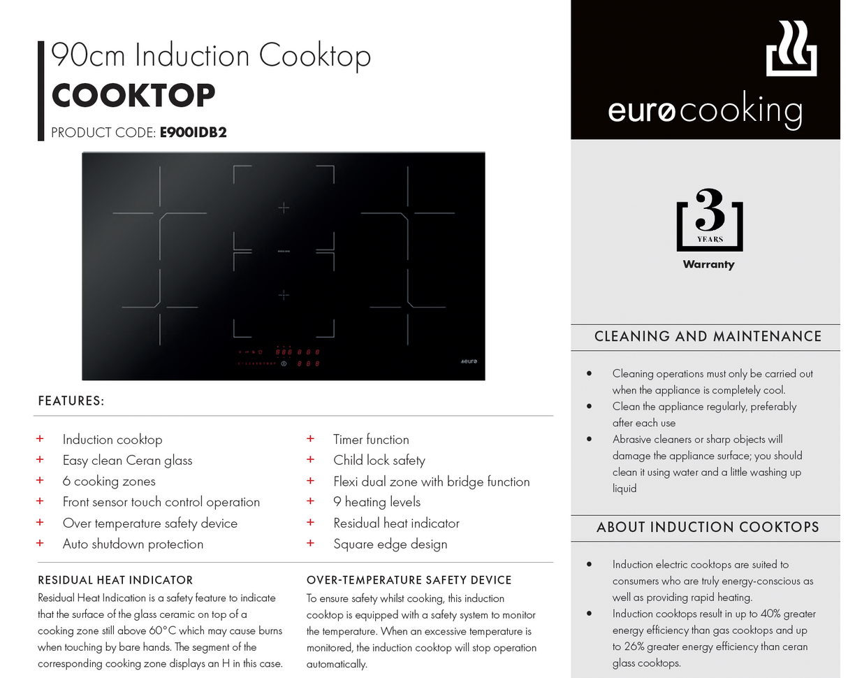 Euro Appliances E900IDB2 90cm Italian Made Induction Cooktop