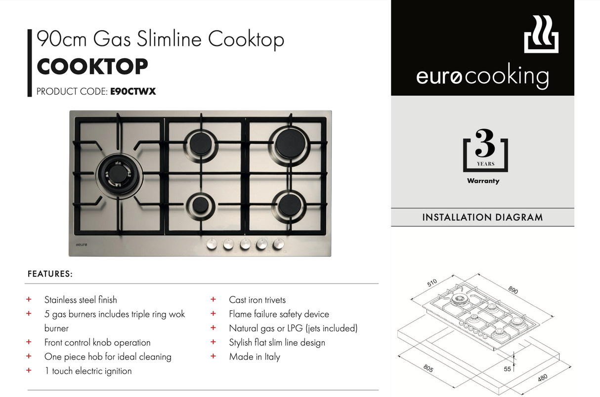Euro Appliances E90CTWX 90cm 5 Burner Stainless Steel Gas Cooktop - Special Order