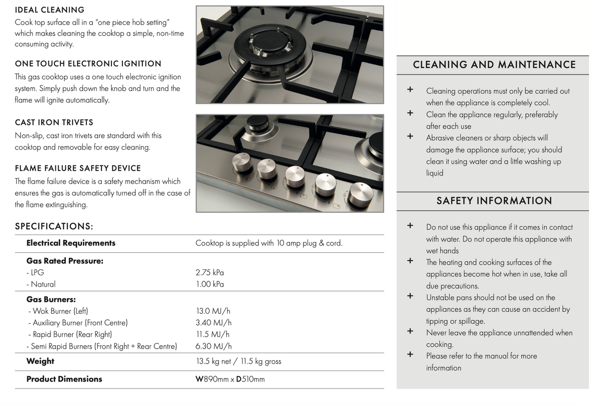 Euro Appliances E90CTWX 90cm 5 Burner Stainless Steel Gas Cooktop - Special Order