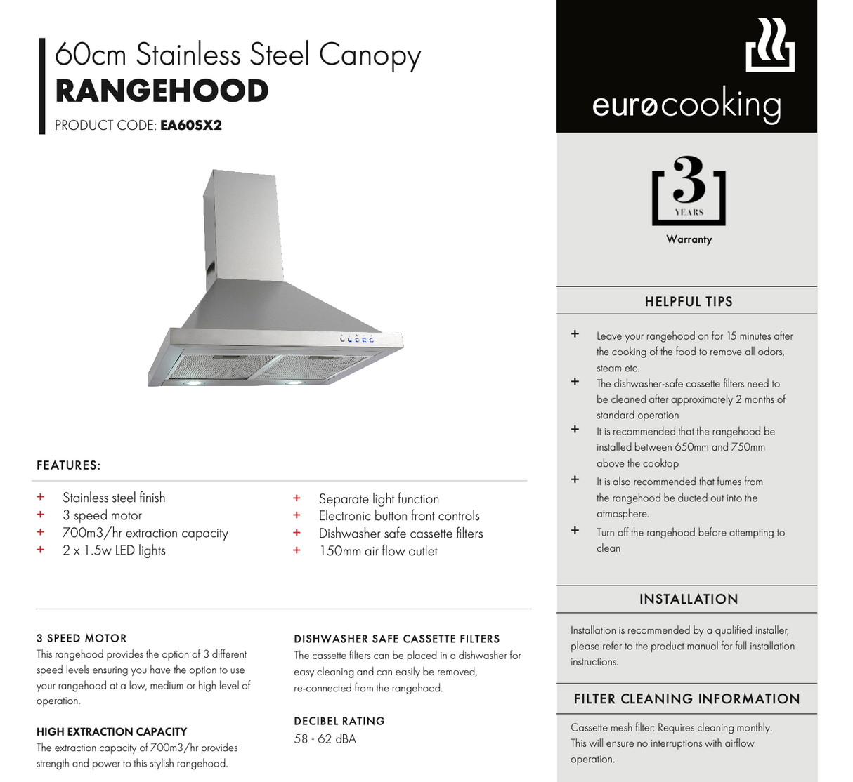 Euro Appliances EA60SX2 600mm Stainless Steel Pyramid Canopy - Special Order