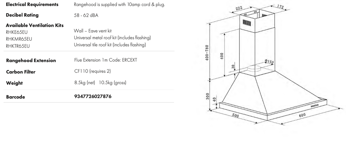 Euro Appliances EA60SX2 600mm Stainless Steel Pyramid Canopy - Special Order