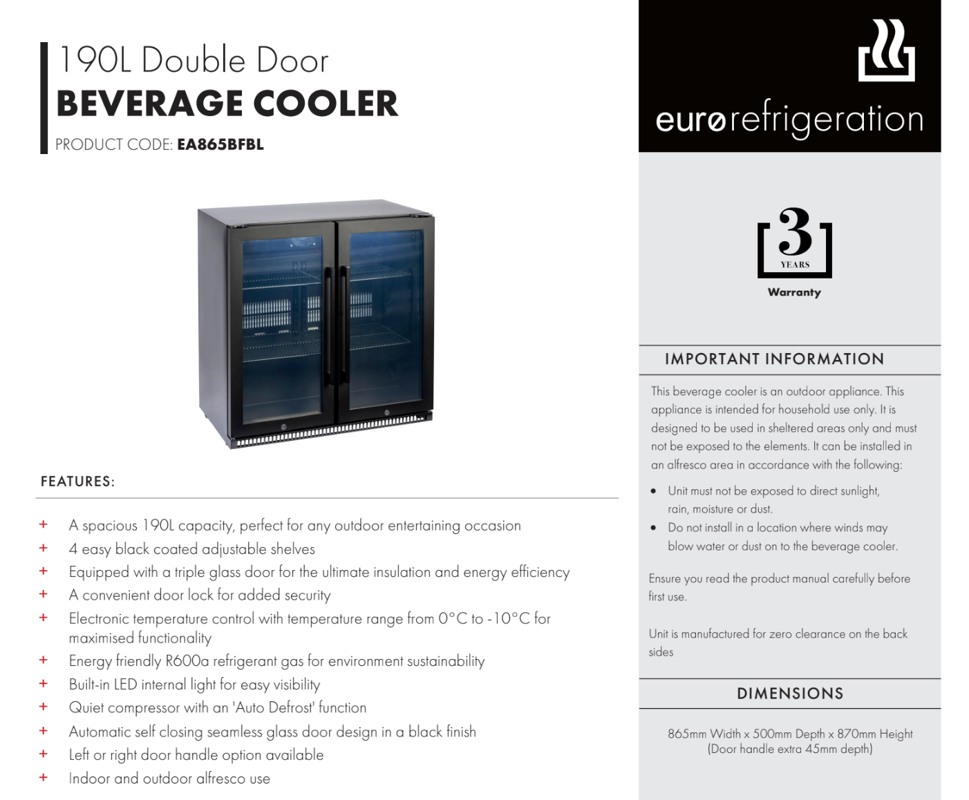 Euro Appliances EA865BFBL 190L Double Door Beverage Cooler - Special Order