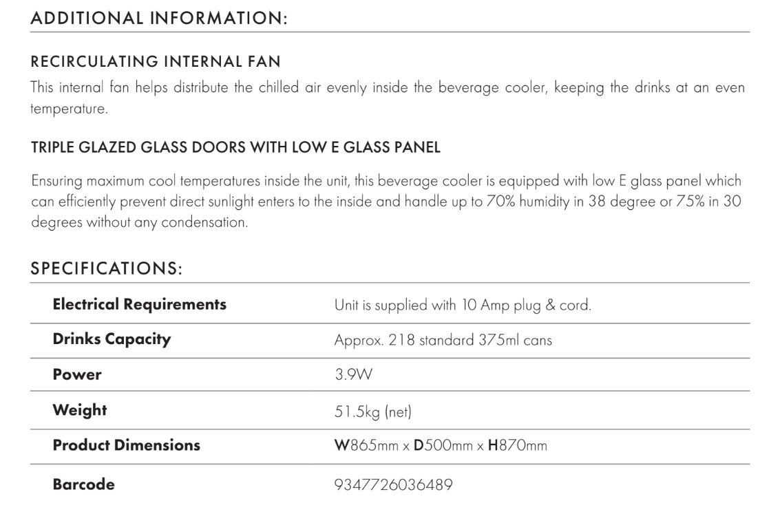 Euro Appliances EA865BFSS 190L Double Door Beverage Cooler - Special Order