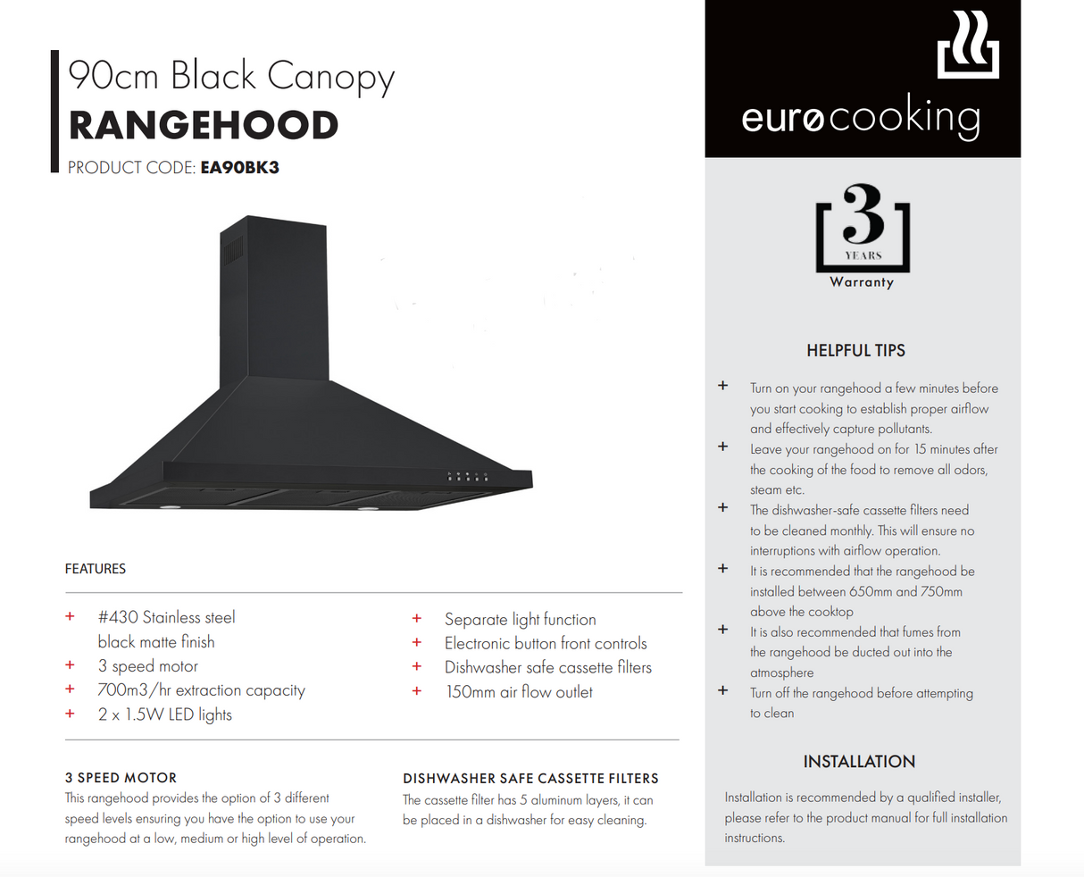 Euro Appliances EA90BK3 90cm Canopy Rangehood, Black