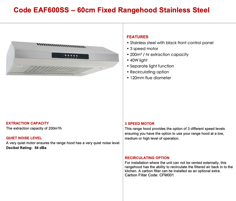 Euro Appliances EAF600SS 60cm Stainless Steel Fixed Rangehood