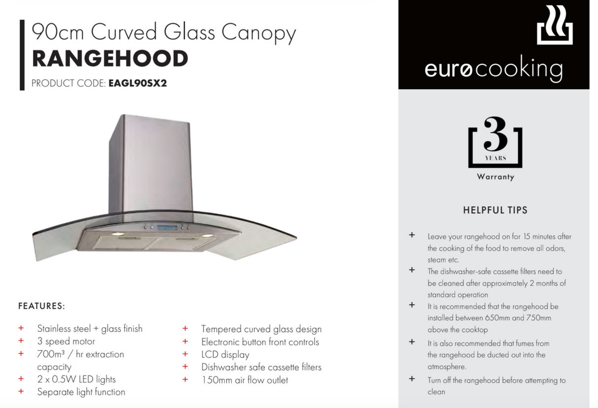 Euro Appliances EAGL90SX2 900mm Glass Canopy Rangehood - Cosmetic Defect Discount - Next Day Availability