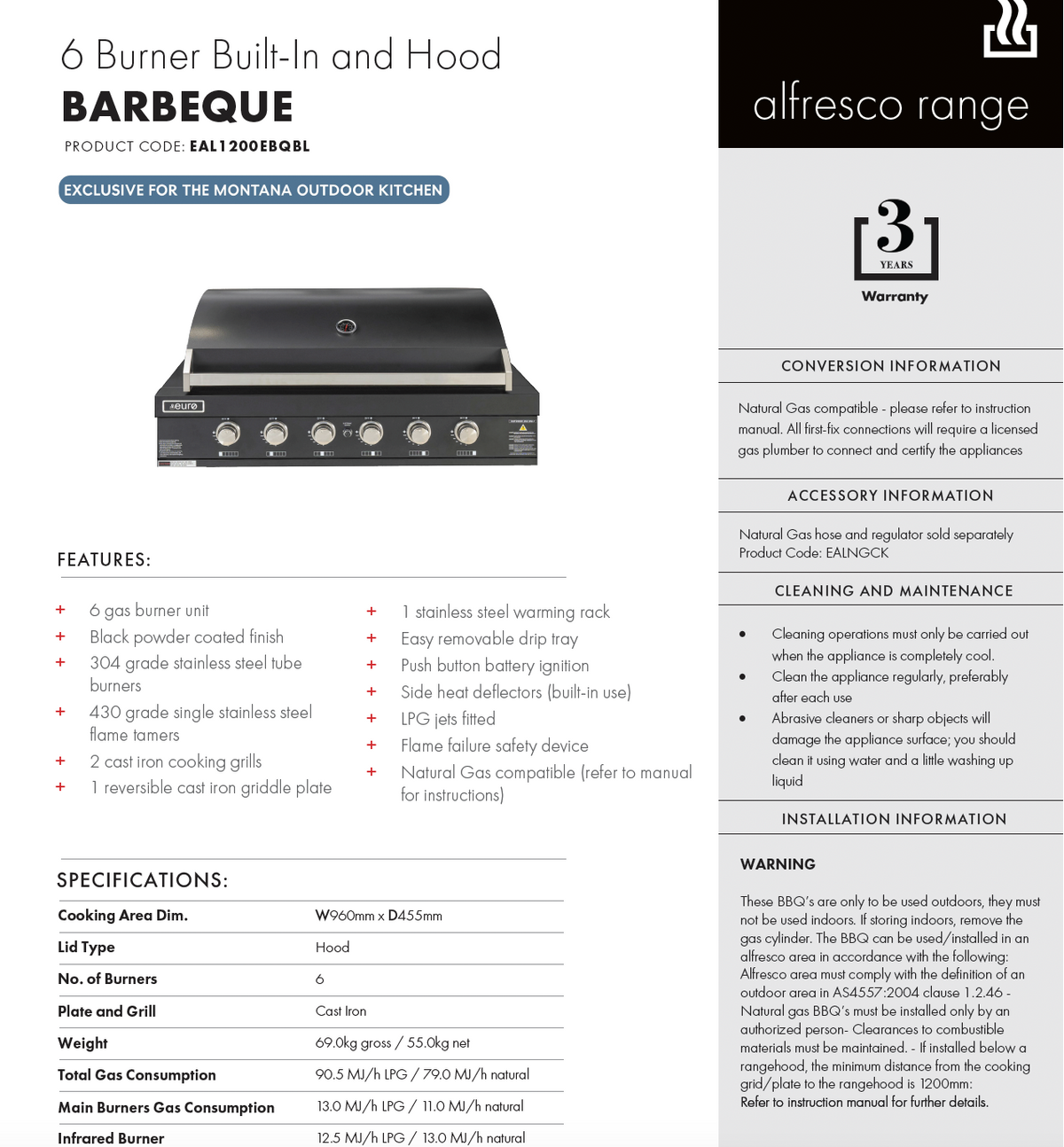 Euro Appliances EAL1200EBQBL Black 6 Burner Built-In BBQ