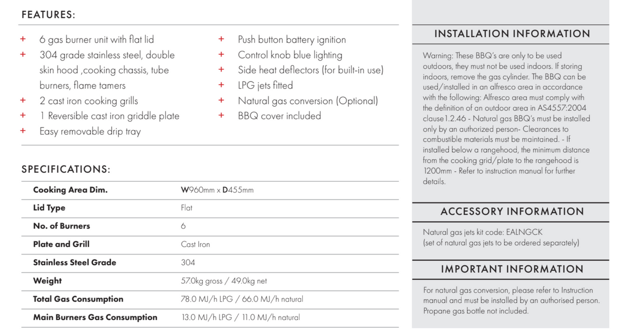 Euro Appliances EAL1200FBQ Stainless Steel Flat Lid 120cm Built In BBQ