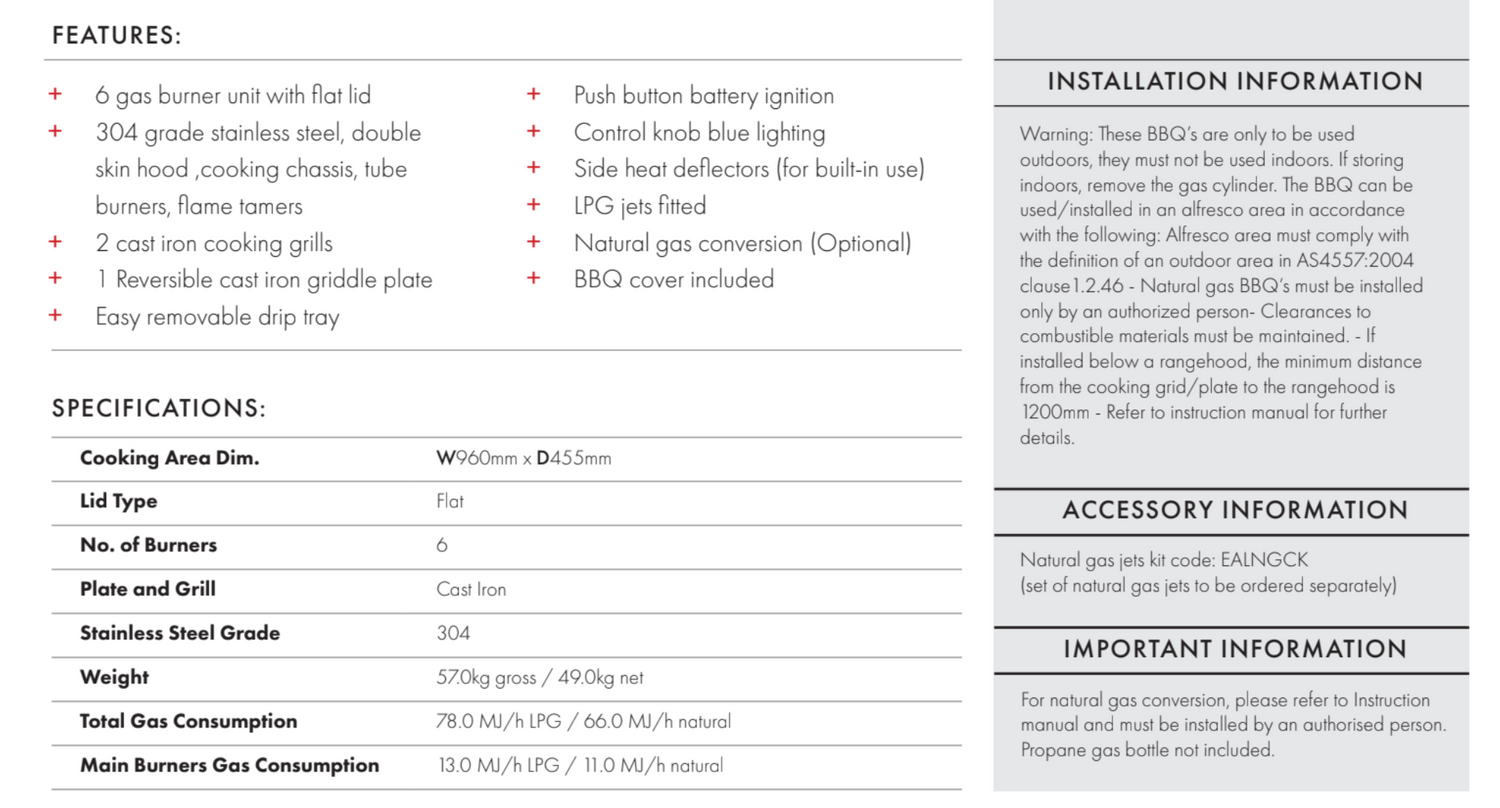 Euro Appliances EAL1200FBQ Stainless Steel Flat Lid 120cm Built In BBQ