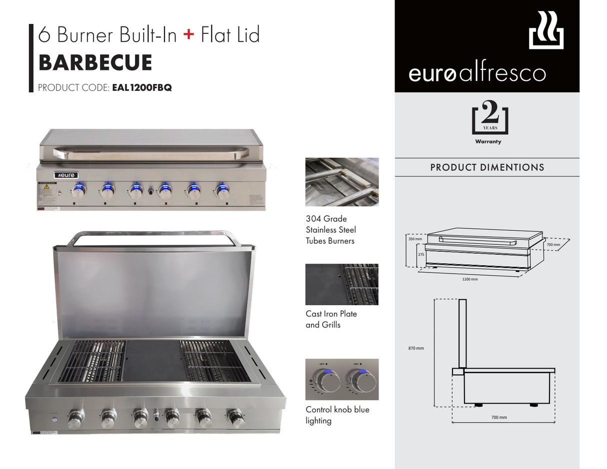 Euro Appliances EAL1200FBQ Stainless Steel Flat Lid 120cm Built In BBQ