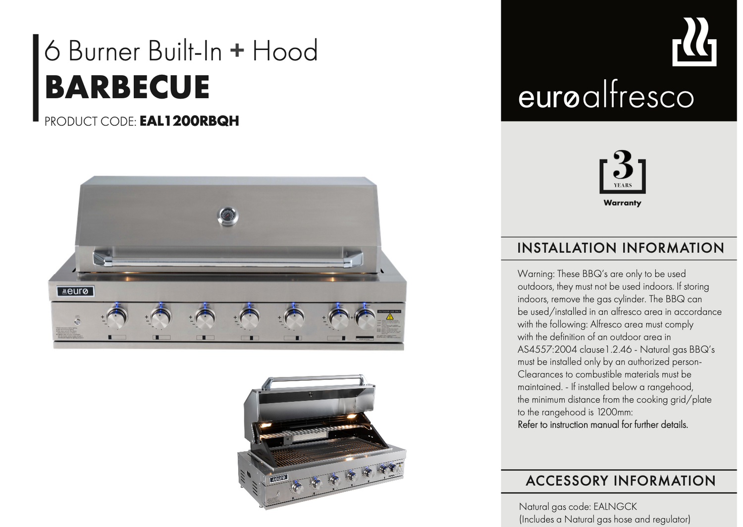 Euro Appliances EAL1200RBQH 304 Stainless Steel 6 Burner Built-In BBQ