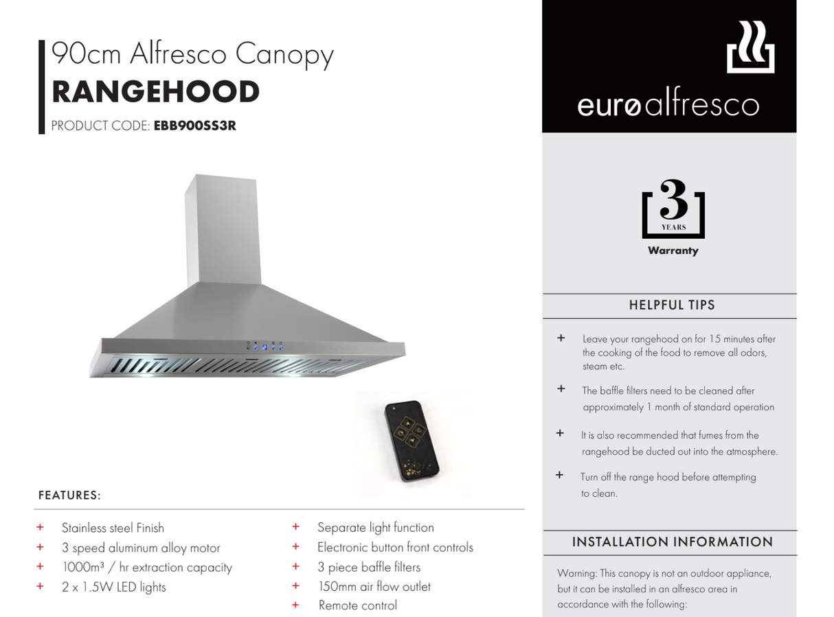 Euro Appliances EBB900SS3R 90cm Stainless Steel Alfresco Canopy with Remote - 1000m3/hr