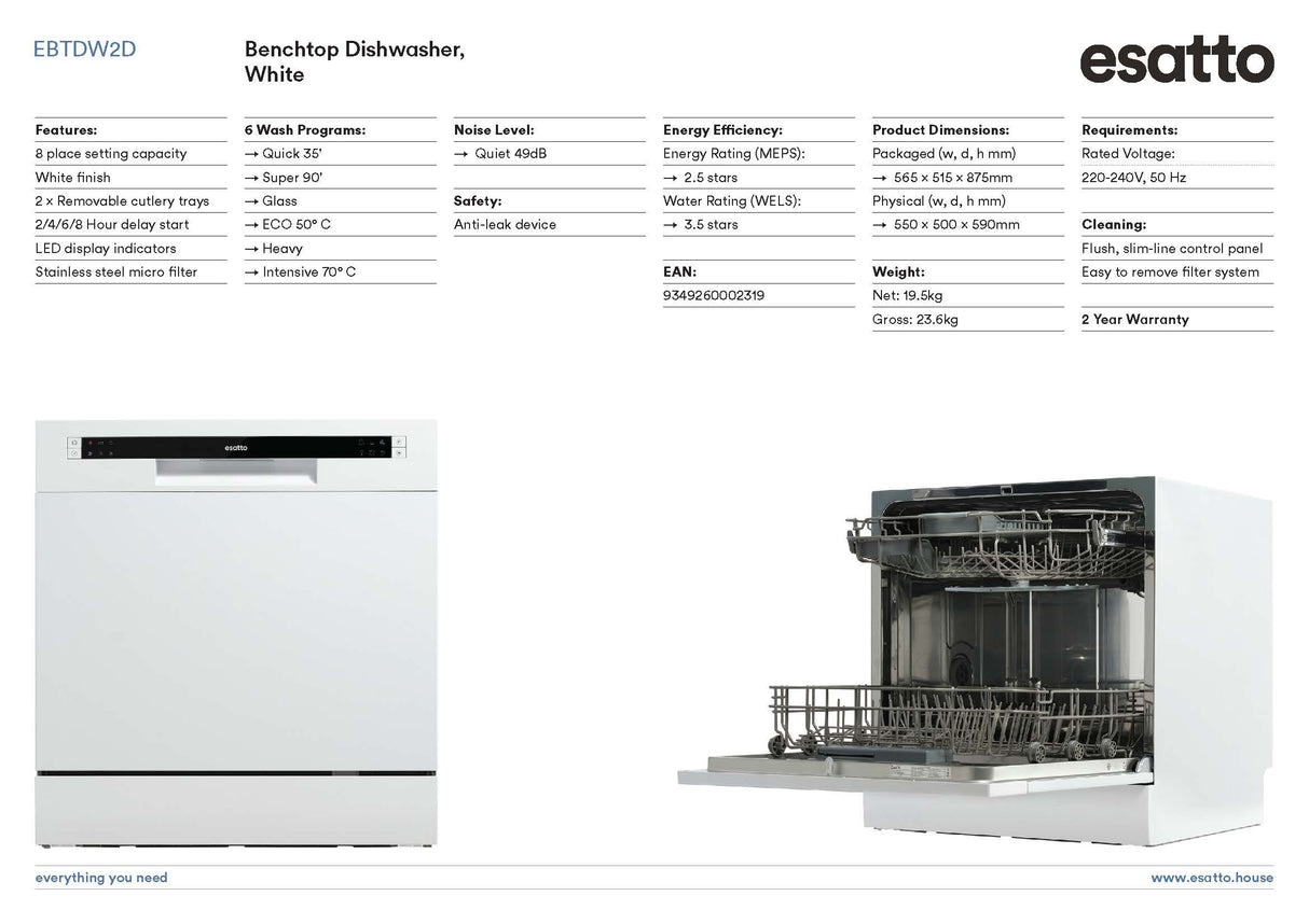 Esatto EBTDW2D 60cm Benchtop Dishwasher, White