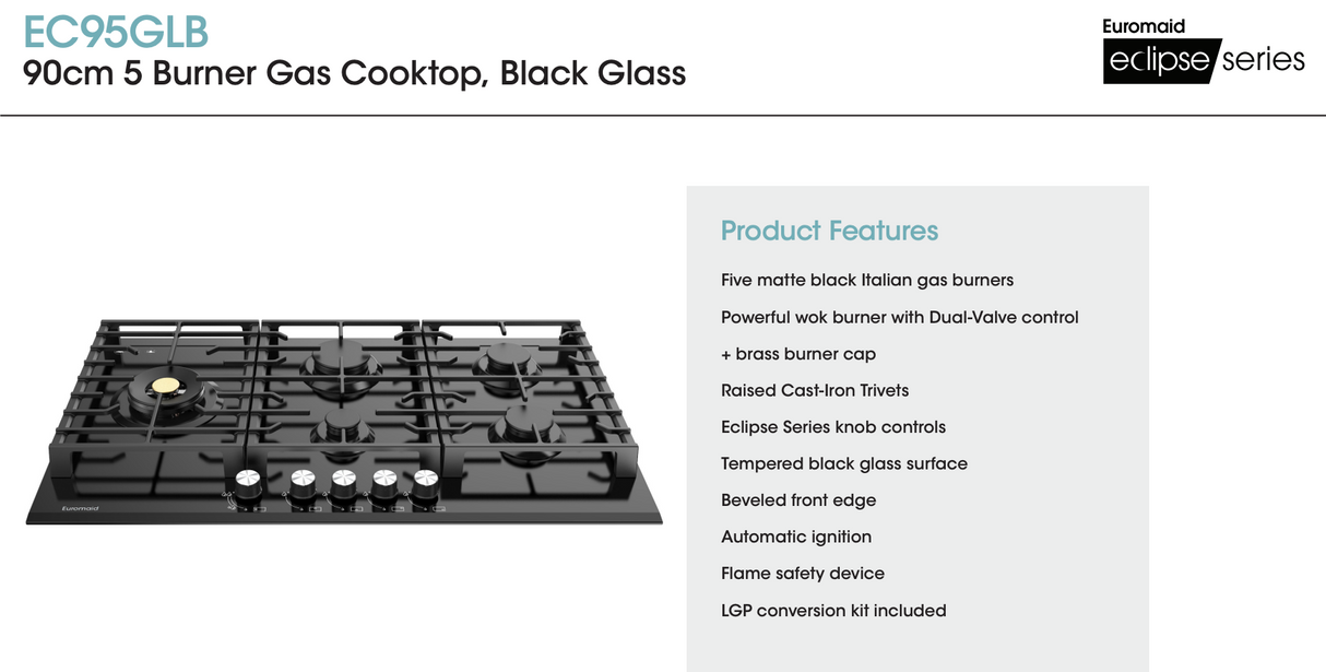Euromaid EC95GLB 90cm 5 Burner Black Glass Gas Cooktop - Ex Display Discount - Black Friday Sale!!