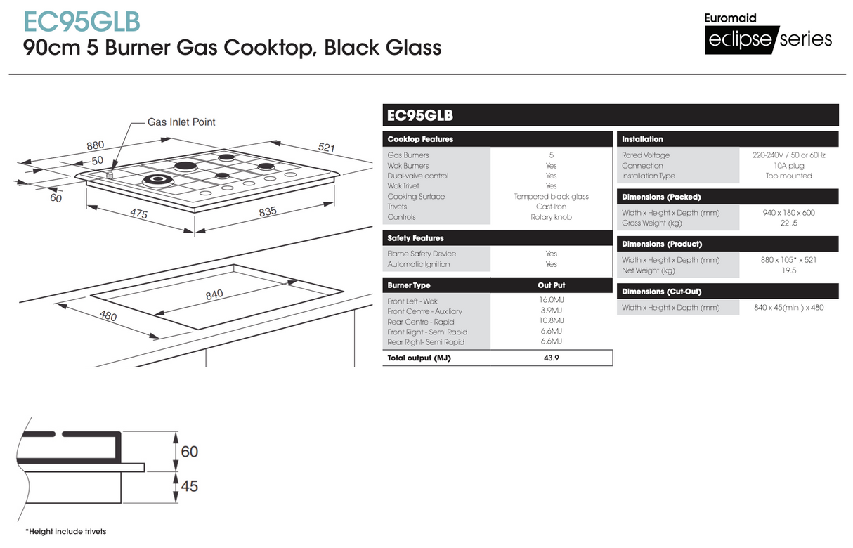 Euromaid EC95GLB 90cm 5 Burner Black Glass Gas Cooktop - Ex Display Discount - Black Friday Sale!!