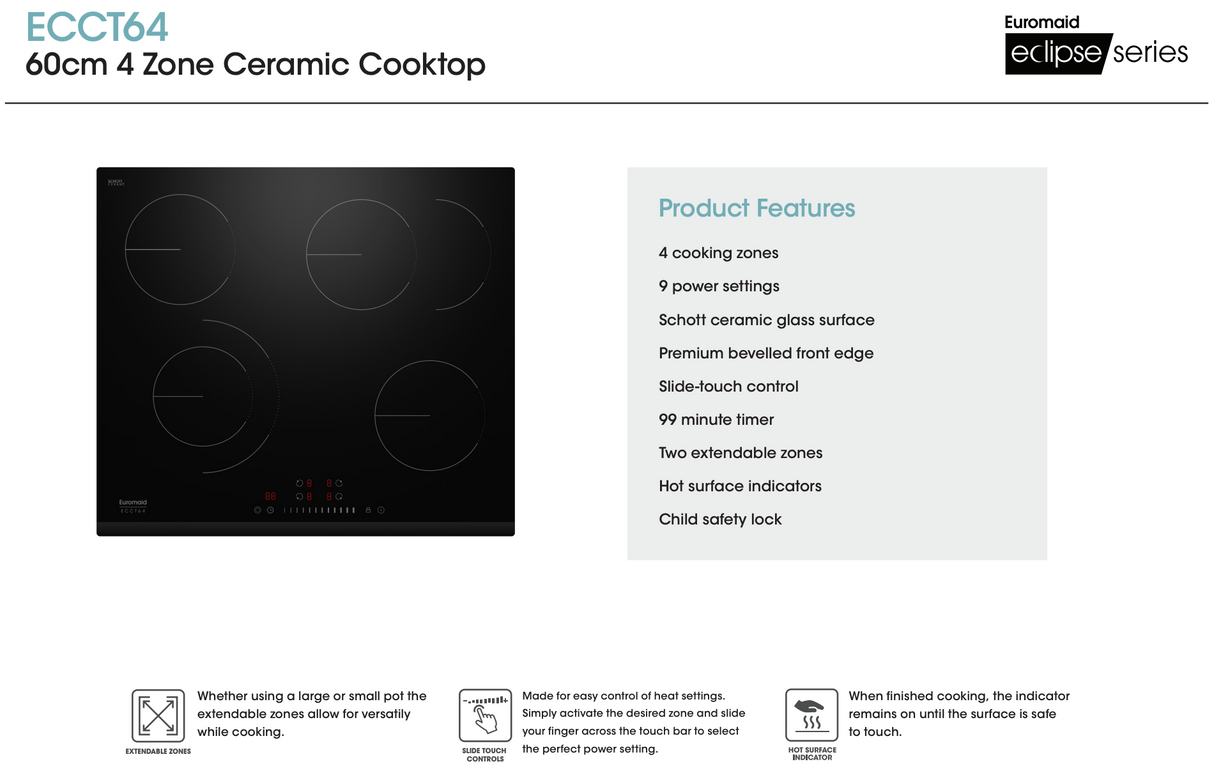 Euromaid ECCT64 60cm Ceramic Cooktop with 4 Zones and Slide Touch Control, Black - Ex Display Discount