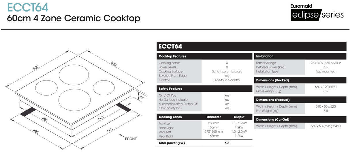 Euromaid ECCT64 60cm Ceramic Cooktop with 4 Zones and Slide Touch Control, Black - Ex Display Discount