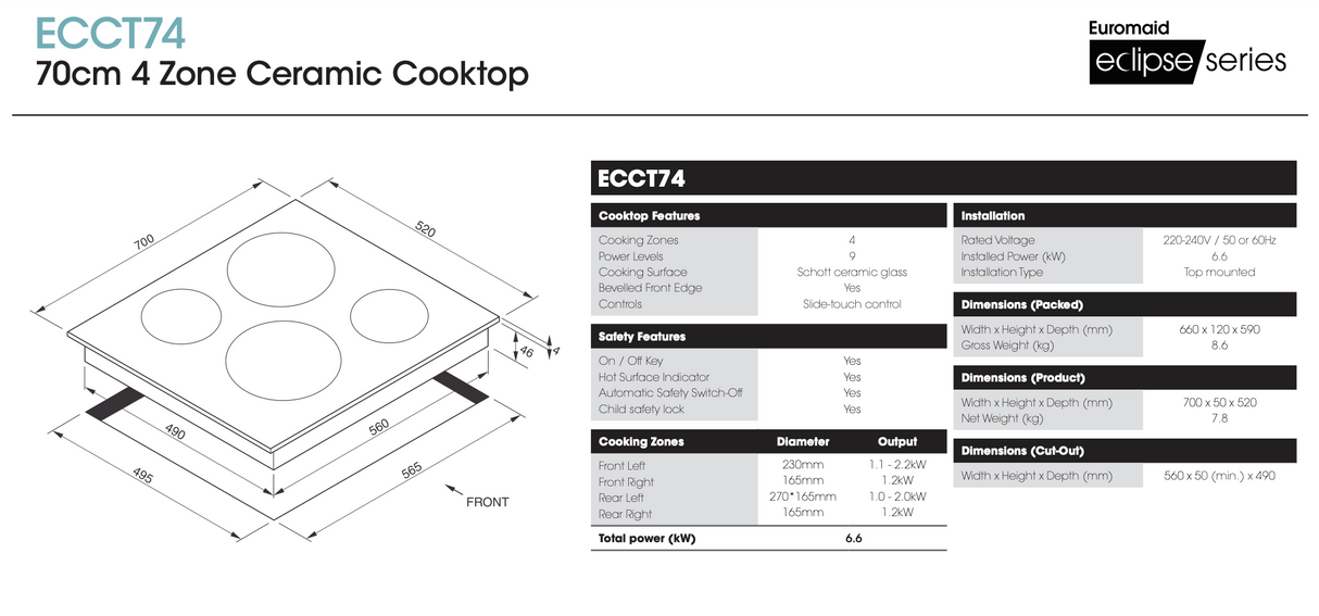 Euromaid ECCT74 70cm Ceramic Cooktop with 4 Zones and Slide Touch Controls, Black