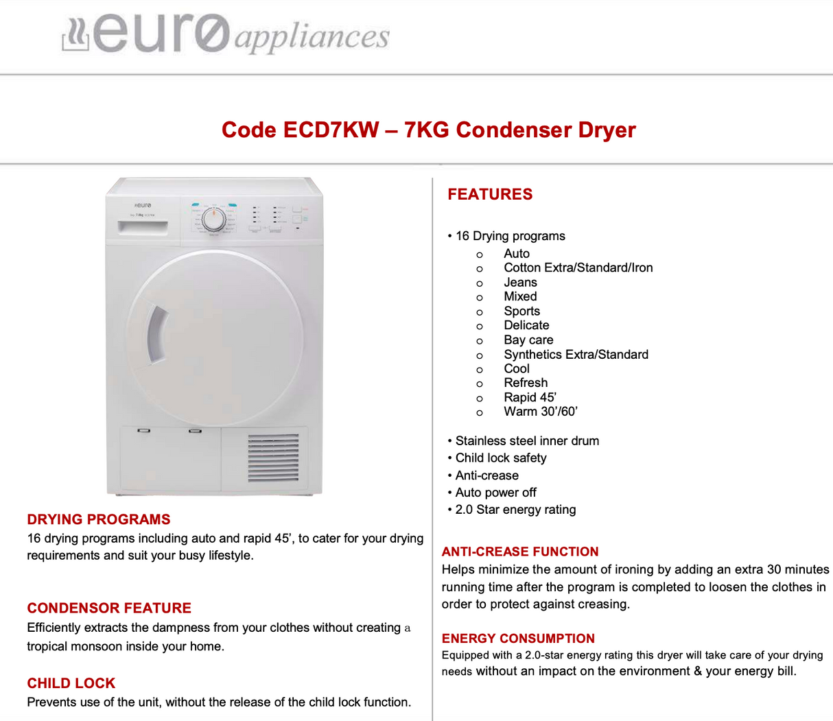 Euro Appliances ECD7KW 7kg Condenser Clothes Dryer - Ex Display Discount