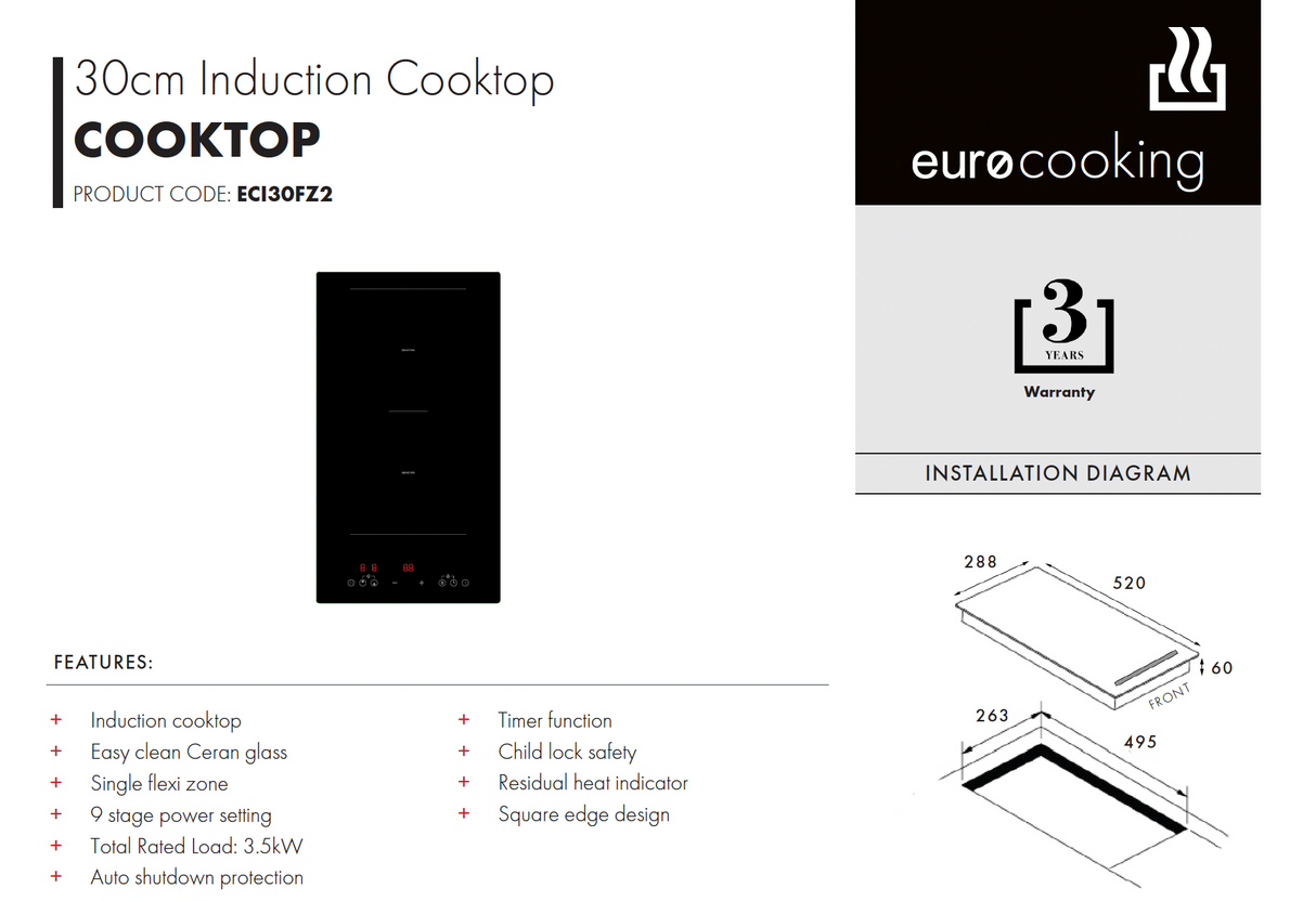 Euro Appliances ECI30FZ2 30cm Induction Flexi Zone Cooktop - Special Order