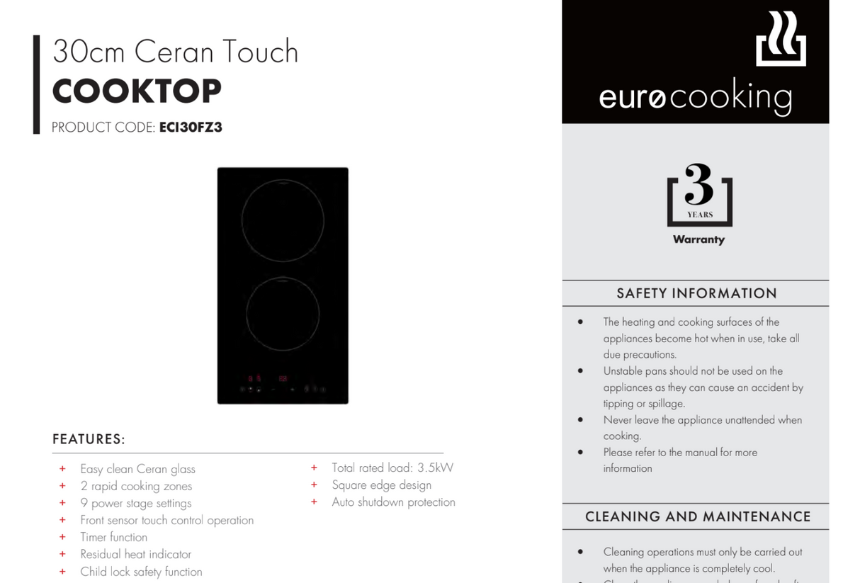 Euro Appliances ECI30FZ3 30cm Induction Two Zone Cooktop - Special Order