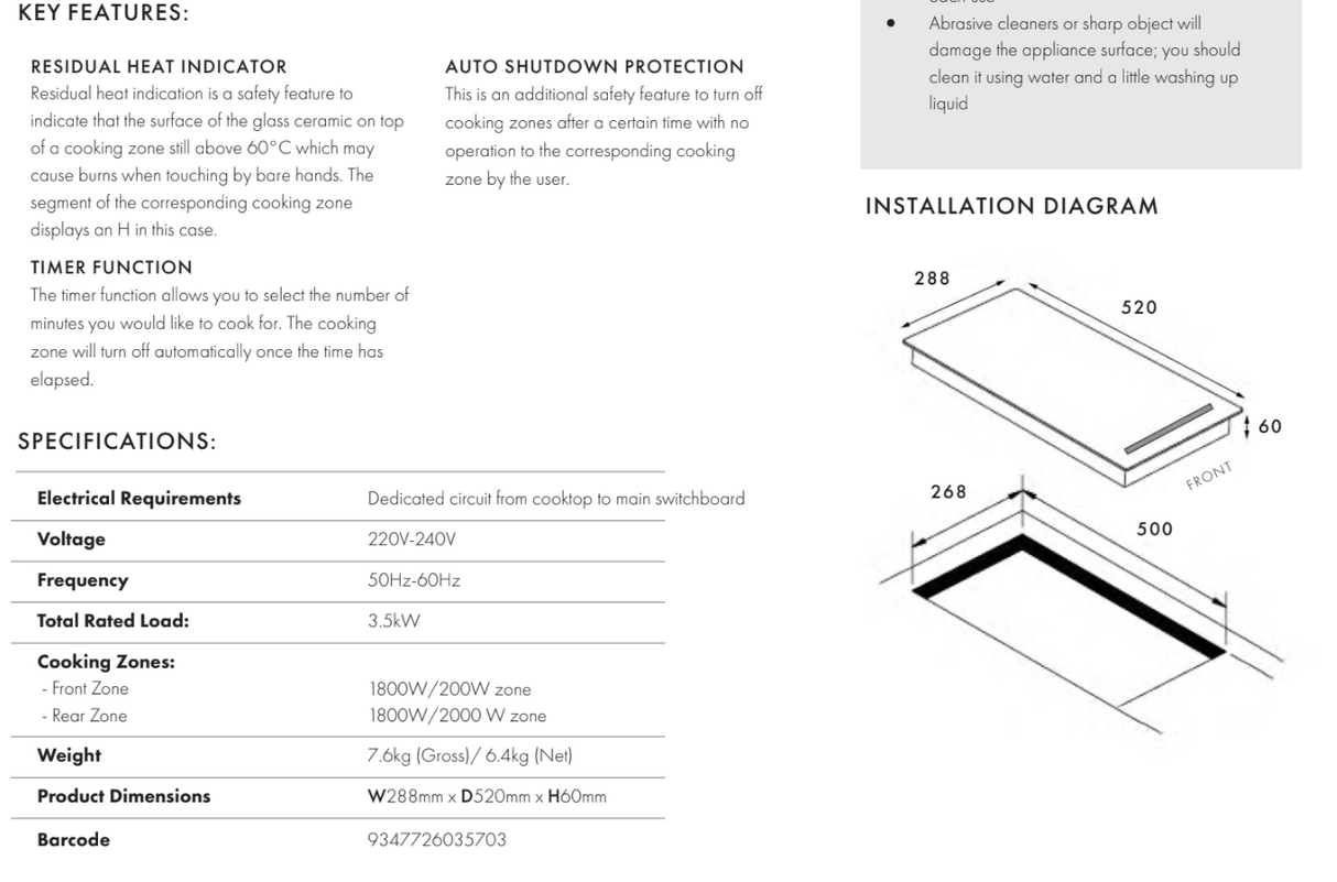 Euro Appliances ECI30FZ3 30cm Induction Two Zone Cooktop - Special Order