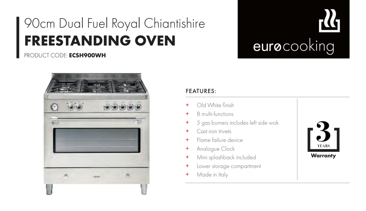 Euro Appliances ECSH900WH 90cm White Dual Fuel Royal Chiantishire - Ex Display Discount